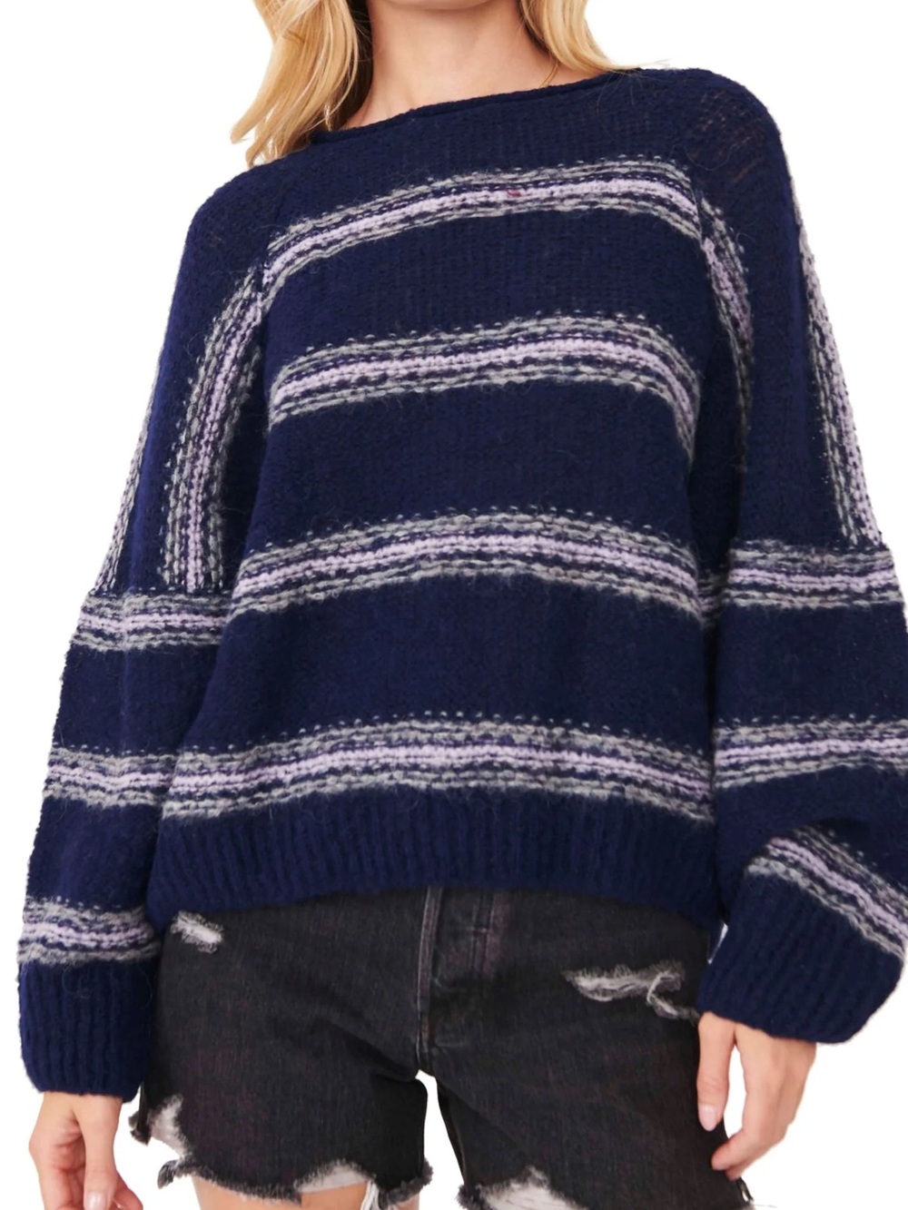 Free People Hockley Striped Alpaca Navy Blue Striped Cropped Fuzzy Sweater XL